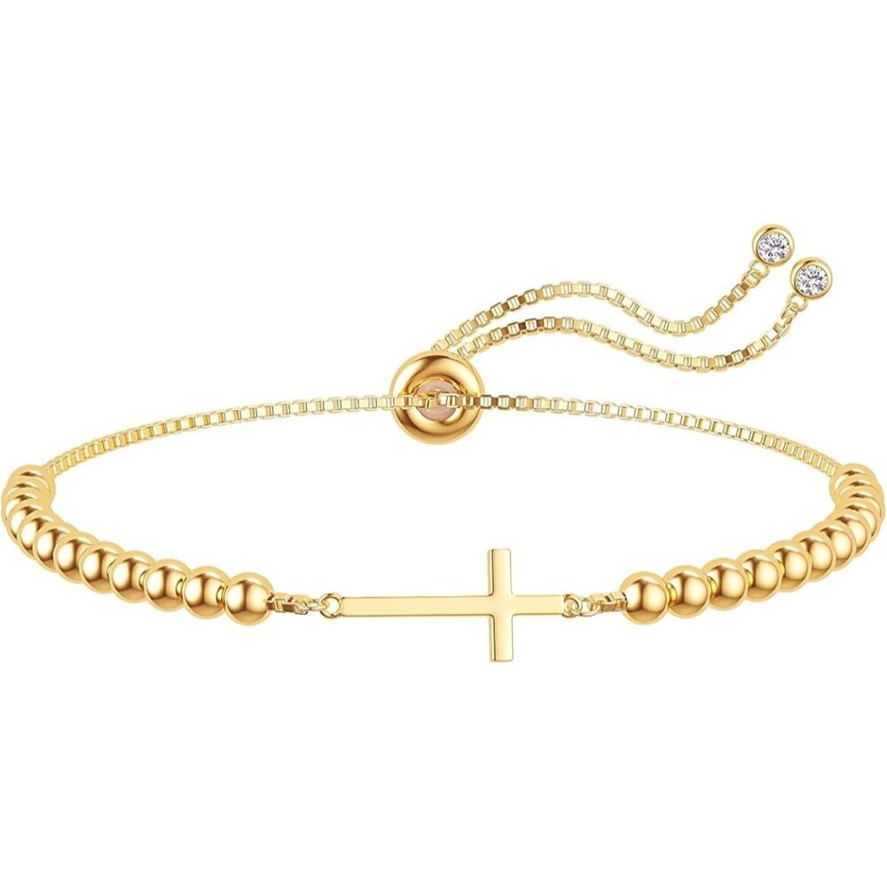 925 Sterling Silver CZ Bracelet - Bead Cross Bracelet Gold